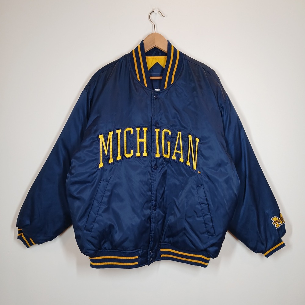 Michigan Wolverines Jacket Men's Large Navy Nylon Varsity Bomber Collegiate